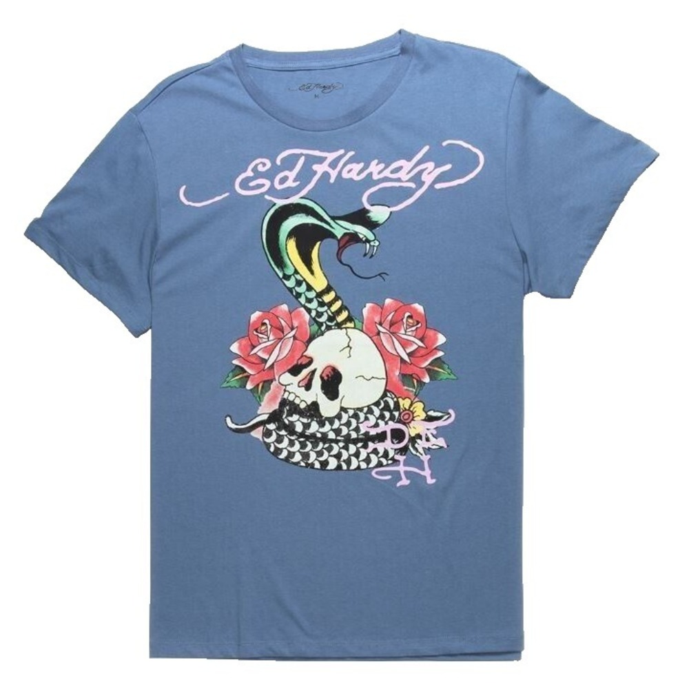 NWT Ed Hardy Mens T-Shirt XL Rose Cobra Skull Slate Blue Y2K Tee Short Sleeve